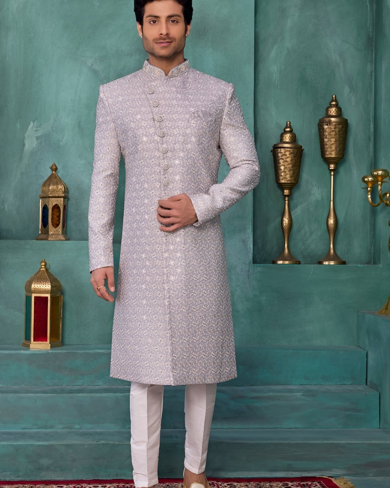 Elevate your ethnic style with this elegant Grey Designer Sherwani